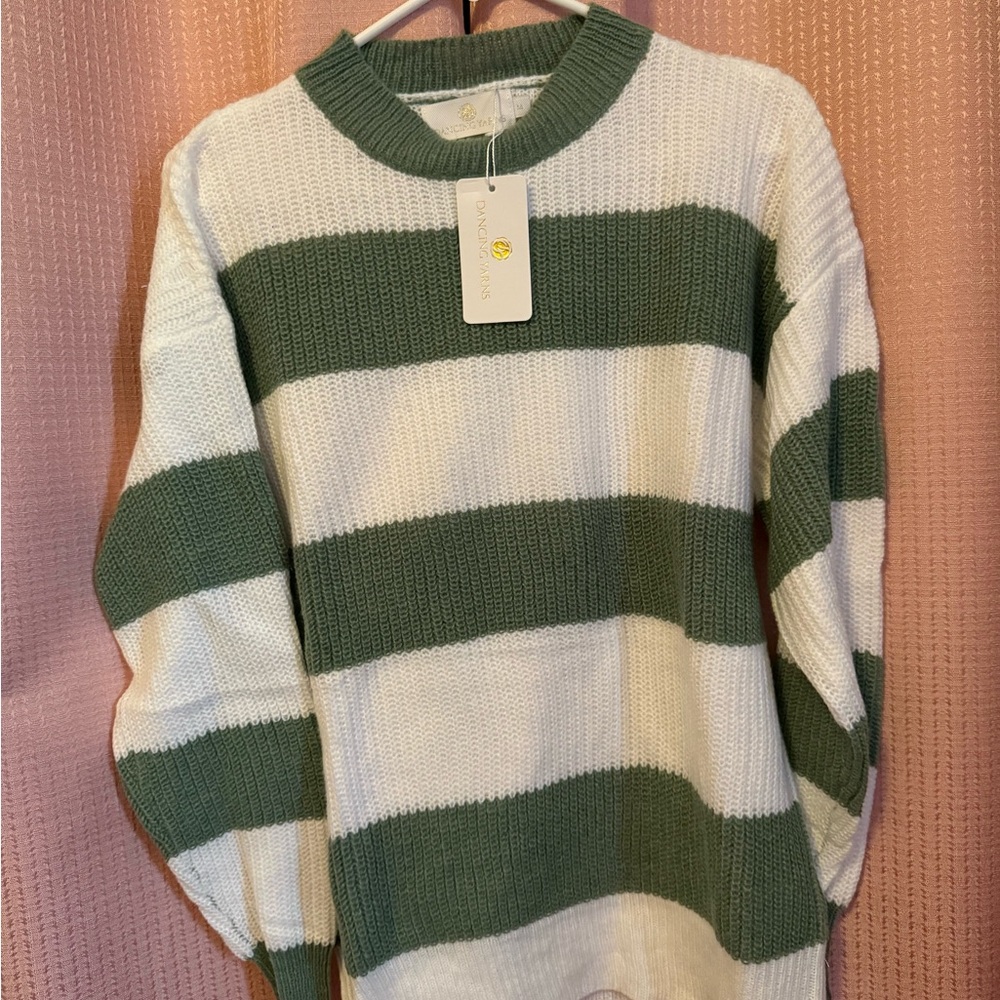 Stylish Green and White Striped Crewneck Sweater